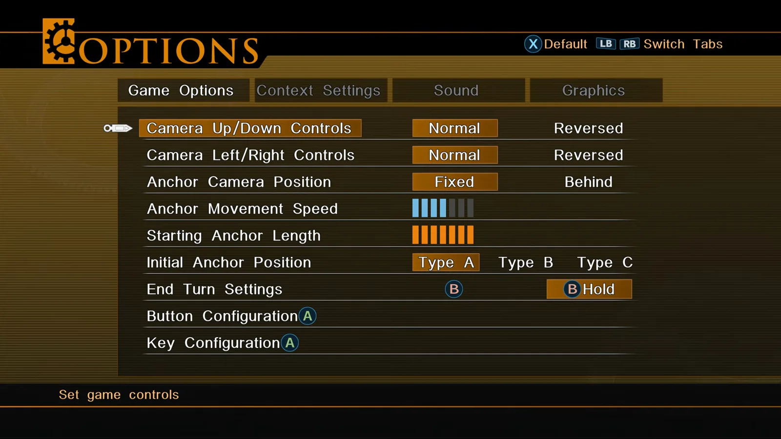 Game Options tab showing camera controls and End Turn Settings in Resonance of Fate Enhanced Remaster