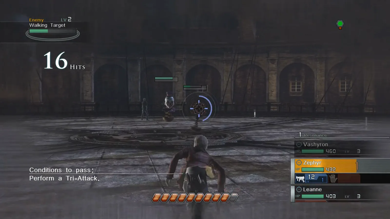Arena training with Resonance counter, party HUD, and a full orange Hero Gauge row during a turn in Resonance of Fate Enhanced Remaster