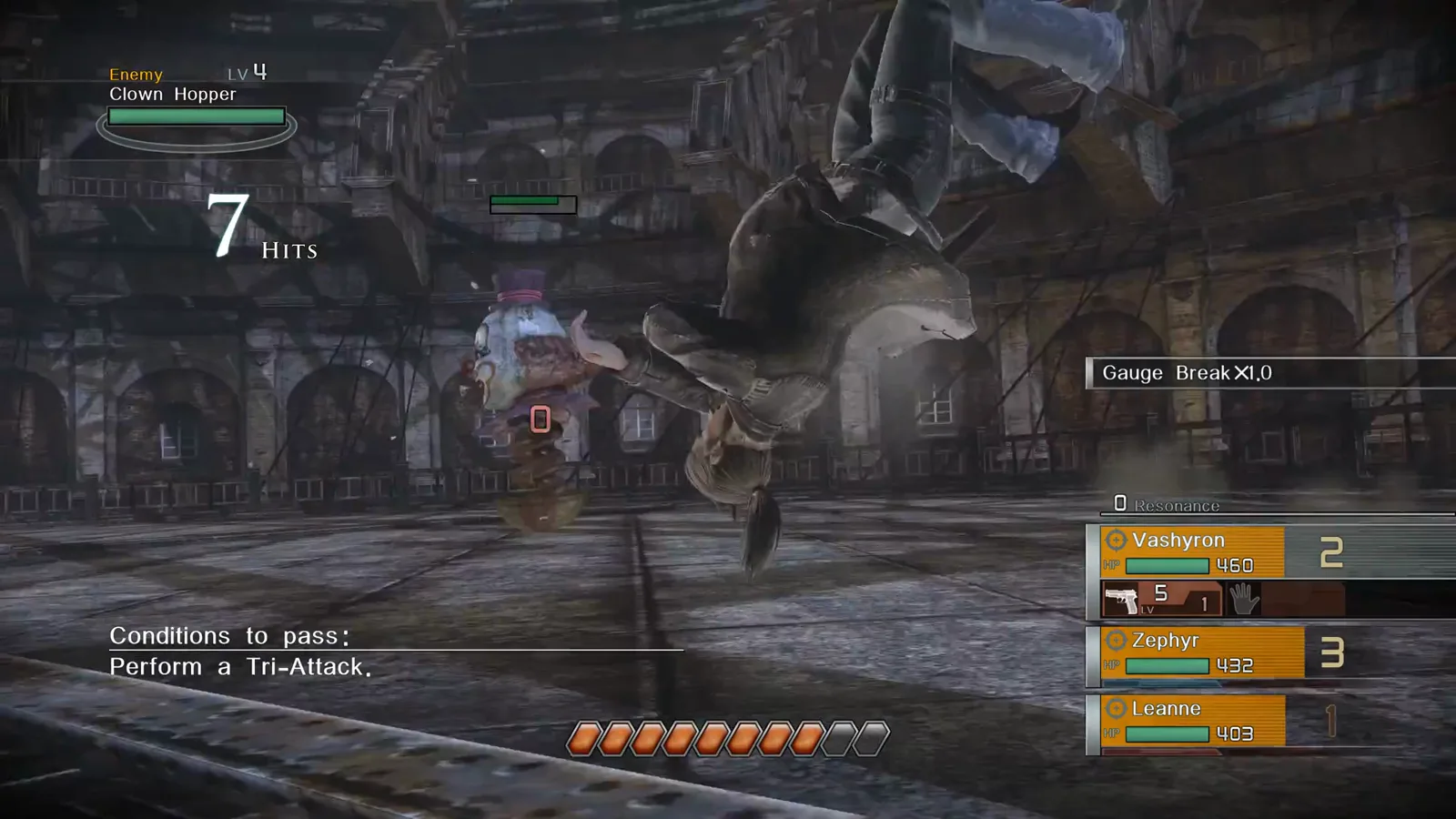 Vashyron performing a mid-air Hero Action flip toward a Clown Hopper with Gauge Break feedback on screen