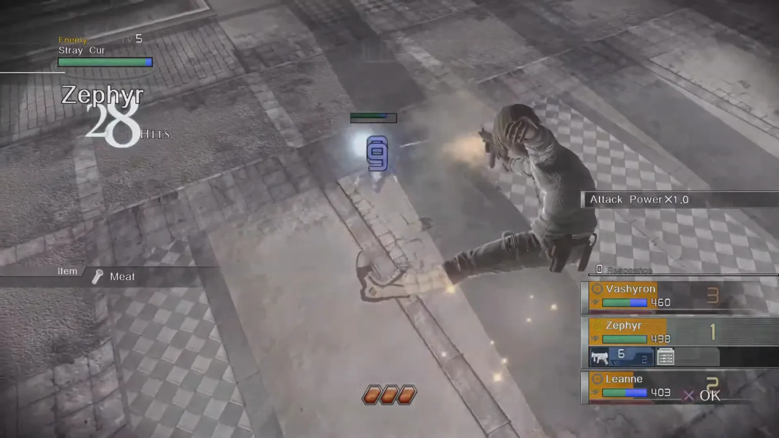 Zephyr firing during a Hero Action while the Hero Gauge and party HUD stay visible in real combat