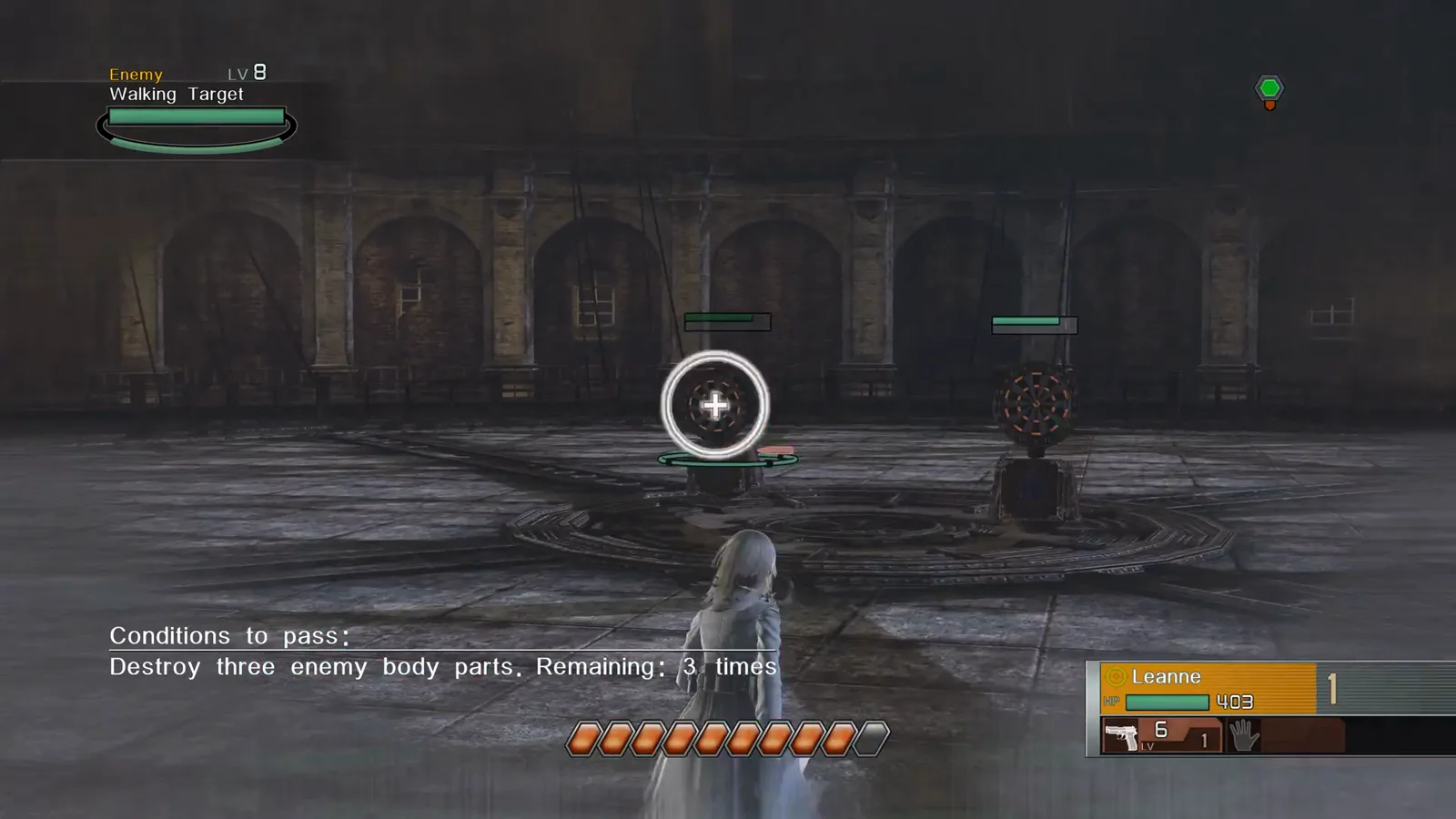 Arena tutorial fight against Walking Targets with orange Hero gauge bezels and body-part gauges in Resonance of Fate Enhanced Remaster