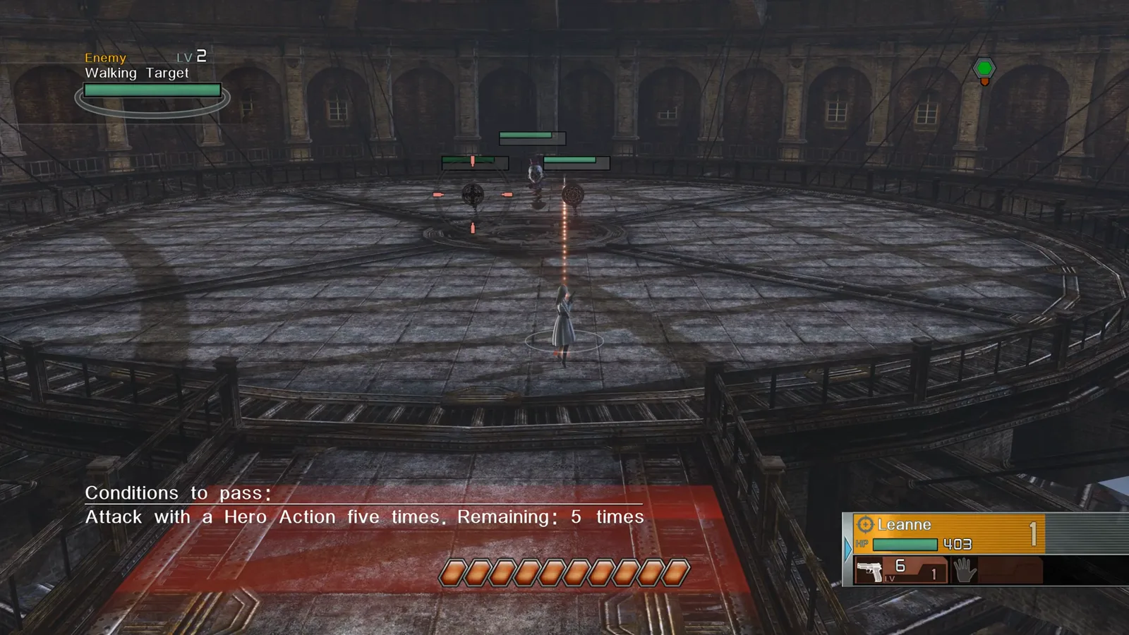 Hero Action jump attack during Arena training with airborne targeting text in Resonance of Fate Enhanced Remaster