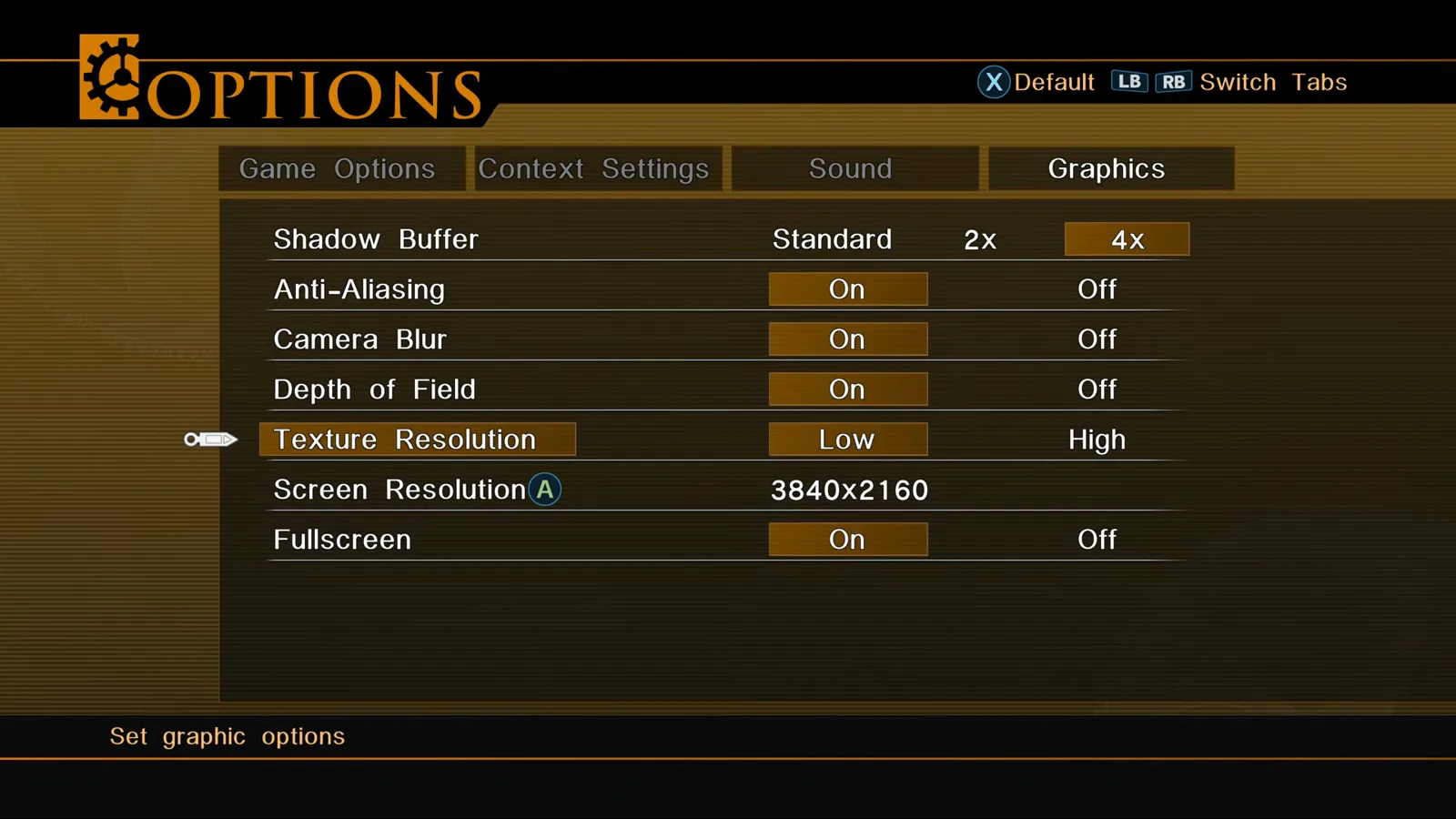 4K HD Edition graphics options at 3840x2160 without HDR or decimation filter toggles visible