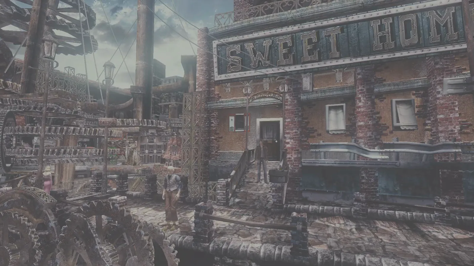 Sweet Home exterior block in Resonance of Fate Enhanced Remaster showing brick signage and industrial pipes