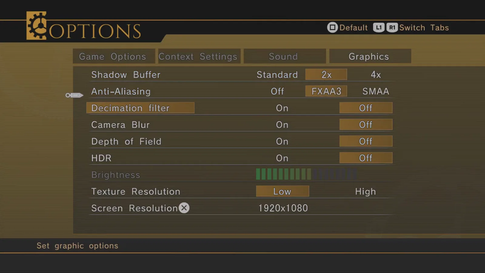 Resonance of Fate Enhanced Remaster graphics tab listing shadow buffer anti-aliasing and decimation filter rows