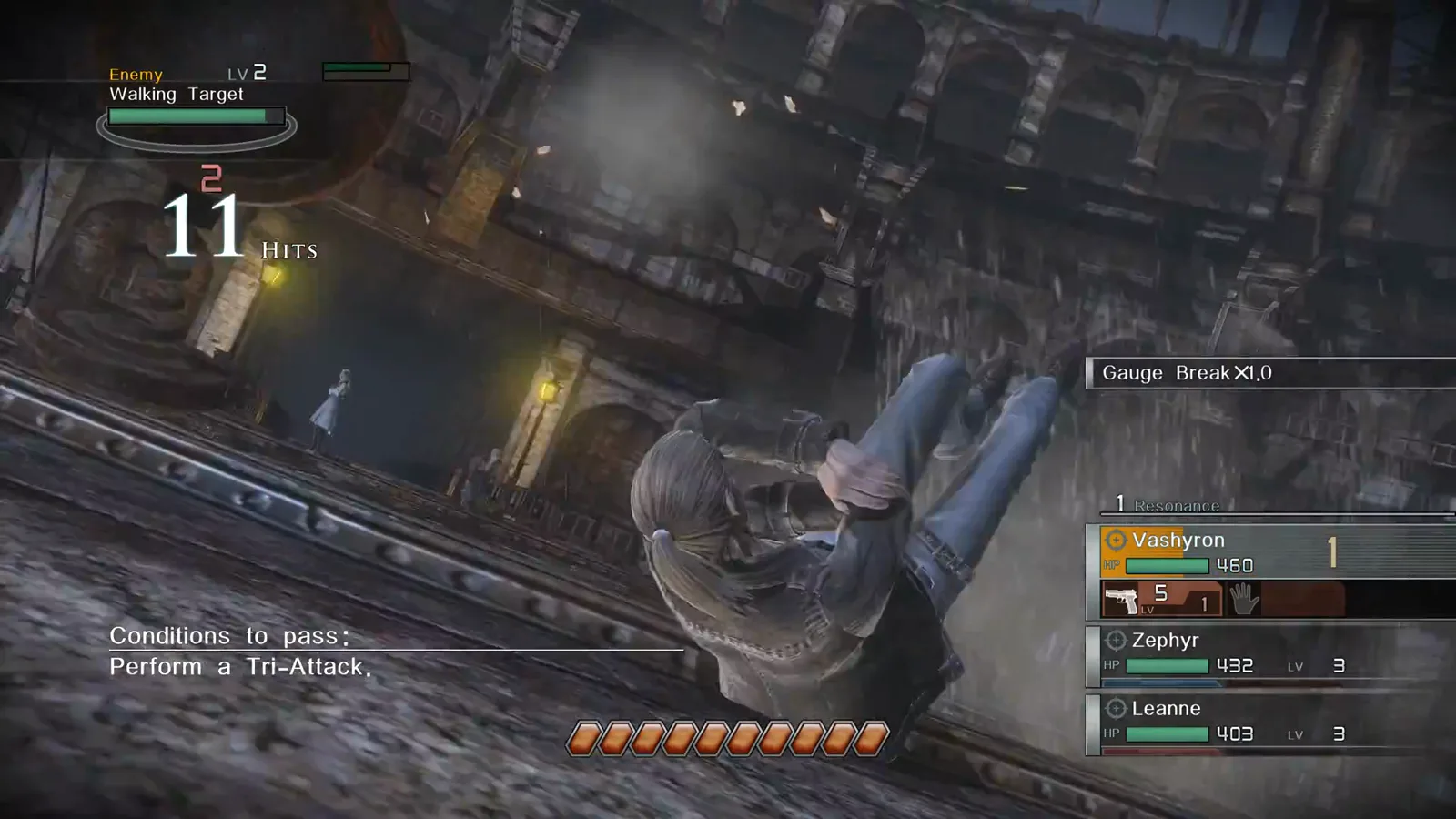 Vashyron mid-air during a Hero Action with Gauge Break feedback and the Hero Gauge visible in Resonance of Fate Enhanced Remaster