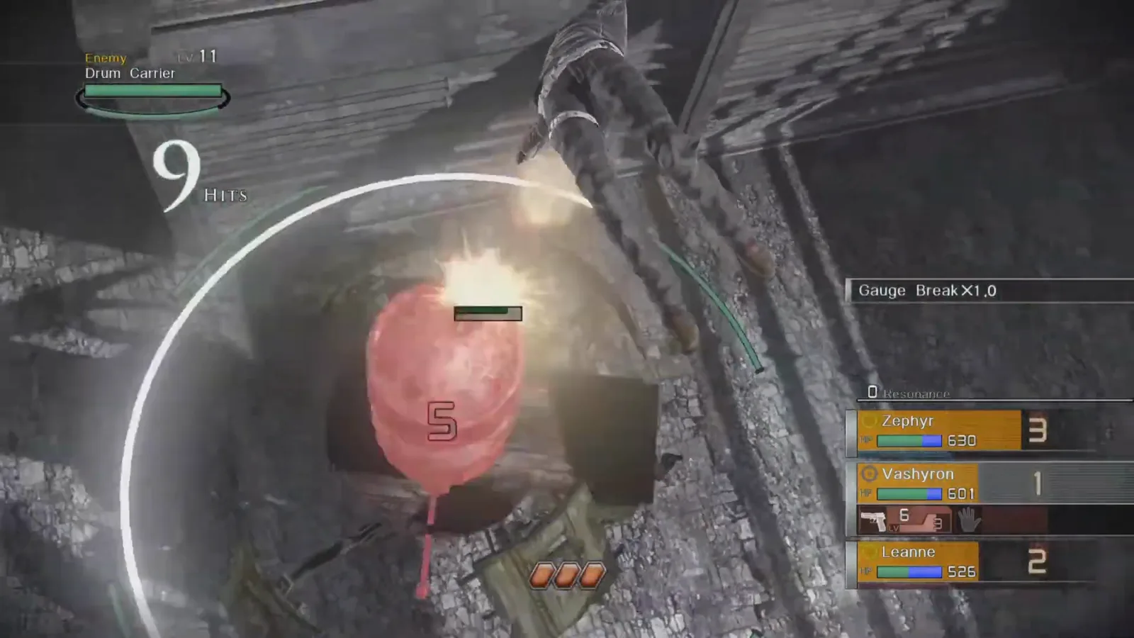Vashyron mid-air during a Hero Action against a Drum Carrier with hit counter, Resonance readout, and party HP bars in Enhanced Remaster combat