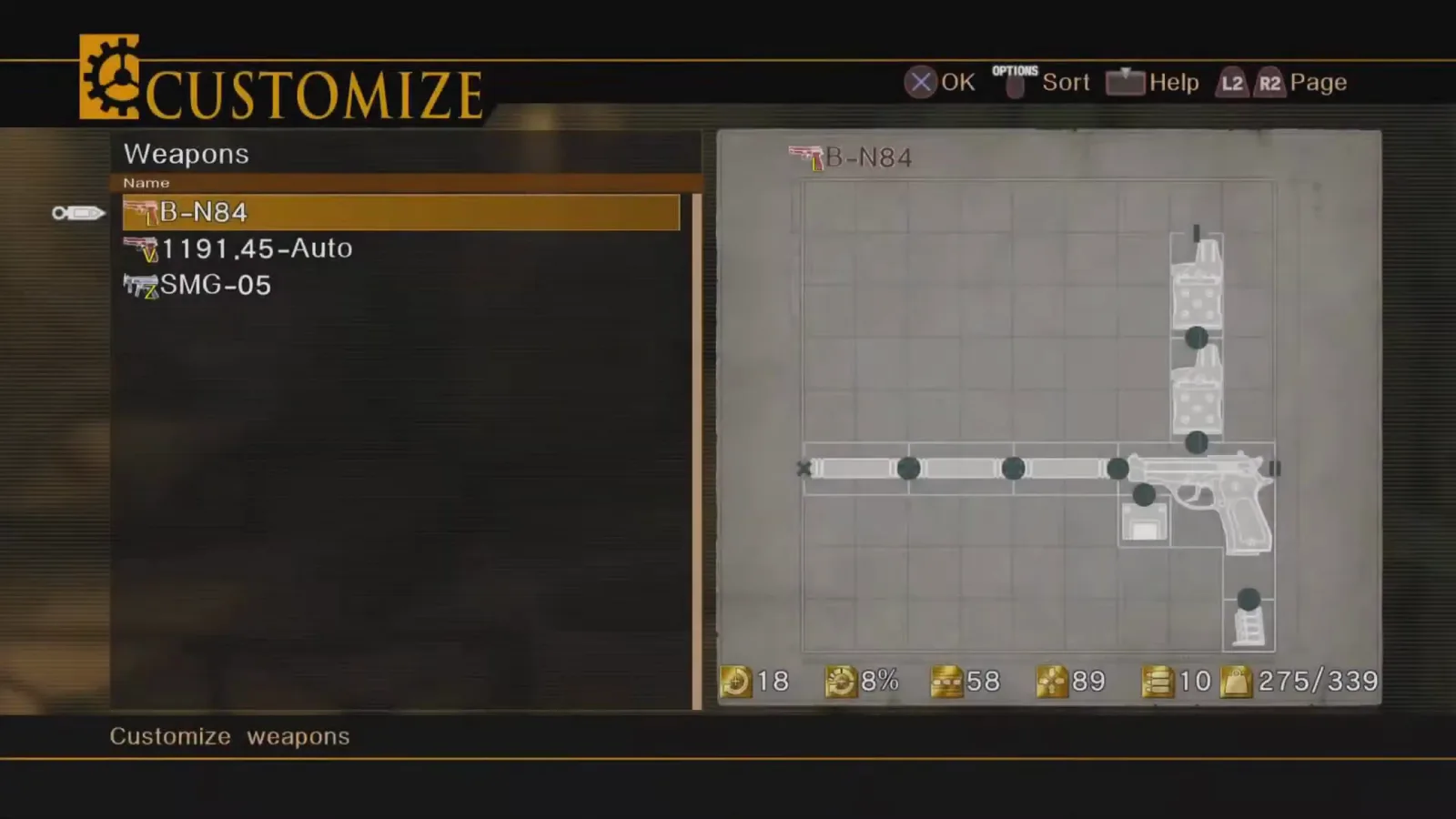 Weapon Customize grid attaching scopes and barrels to the B-N84 handgun on PS5 Enhanced Remaster