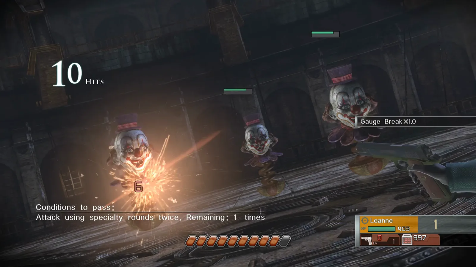Leanne firing a handgun for direct damage with an orange 6 damage number during arena training