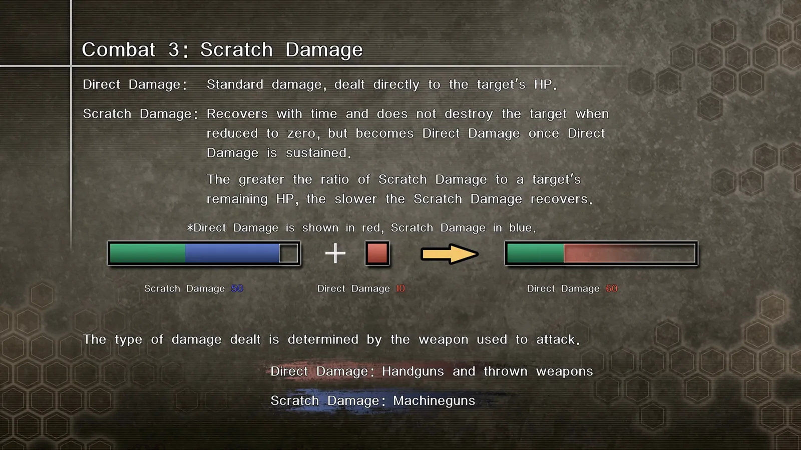 Official Combat 3 tutorial diagram showing scratch damage 50 plus direct damage 10 becoming direct damage 60