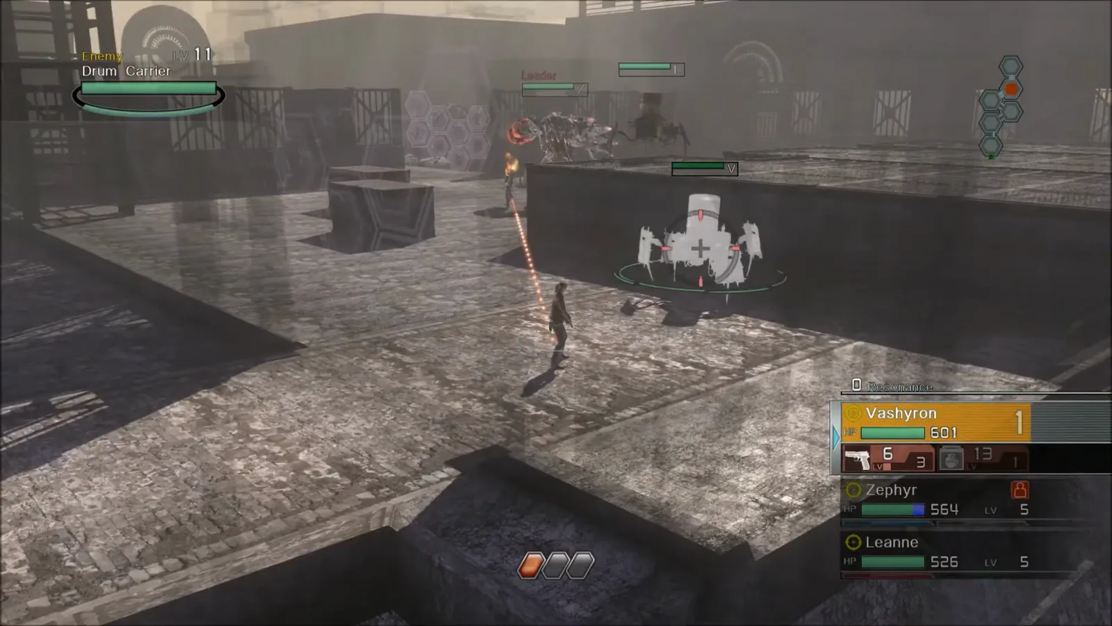 Vashyron targeting a Drum Carrier minion beside metal cover crates during the Tar Man boss fight in Resonance of Fate Enhanced Remaster