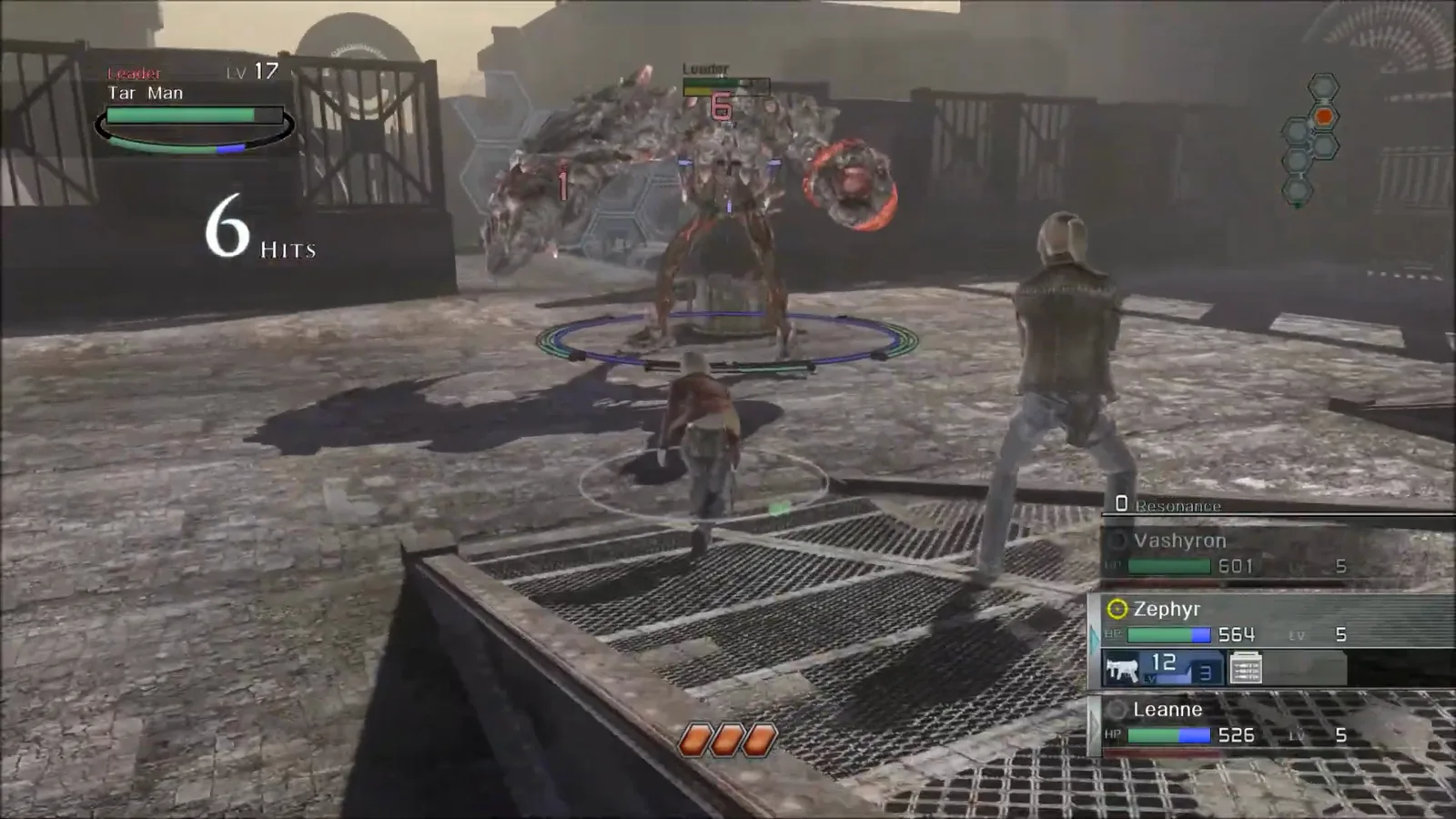Zephyr running a flank Hero Action path toward Tar Man on the Lucia boss arena rooftop in Resonance of Fate Enhanced Remaster