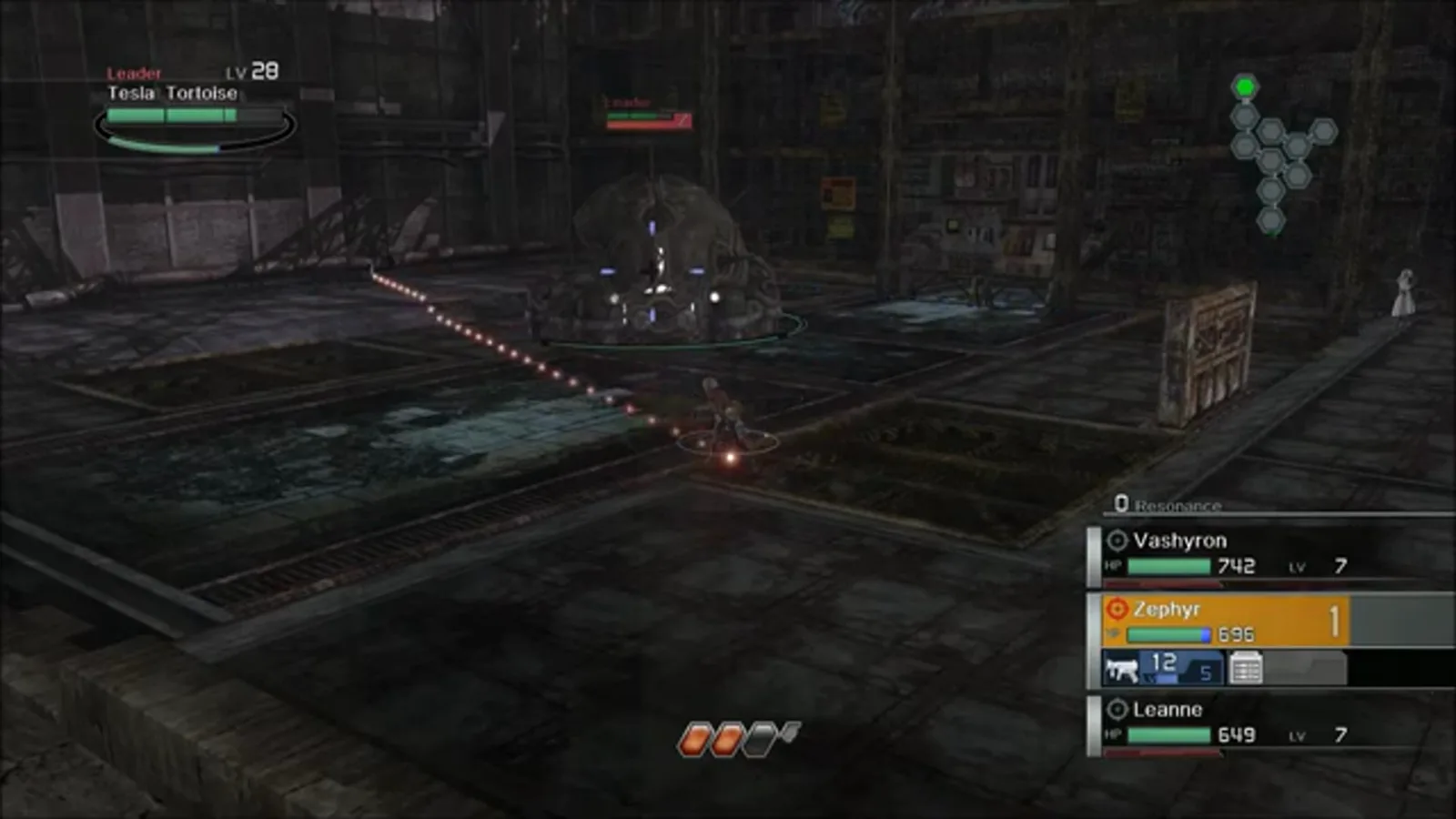 Machine gunner firing from behind a bunker while Tesla Tortoise exposes damaged side plates in Resonance of Fate Chapter 2 boss gameplay