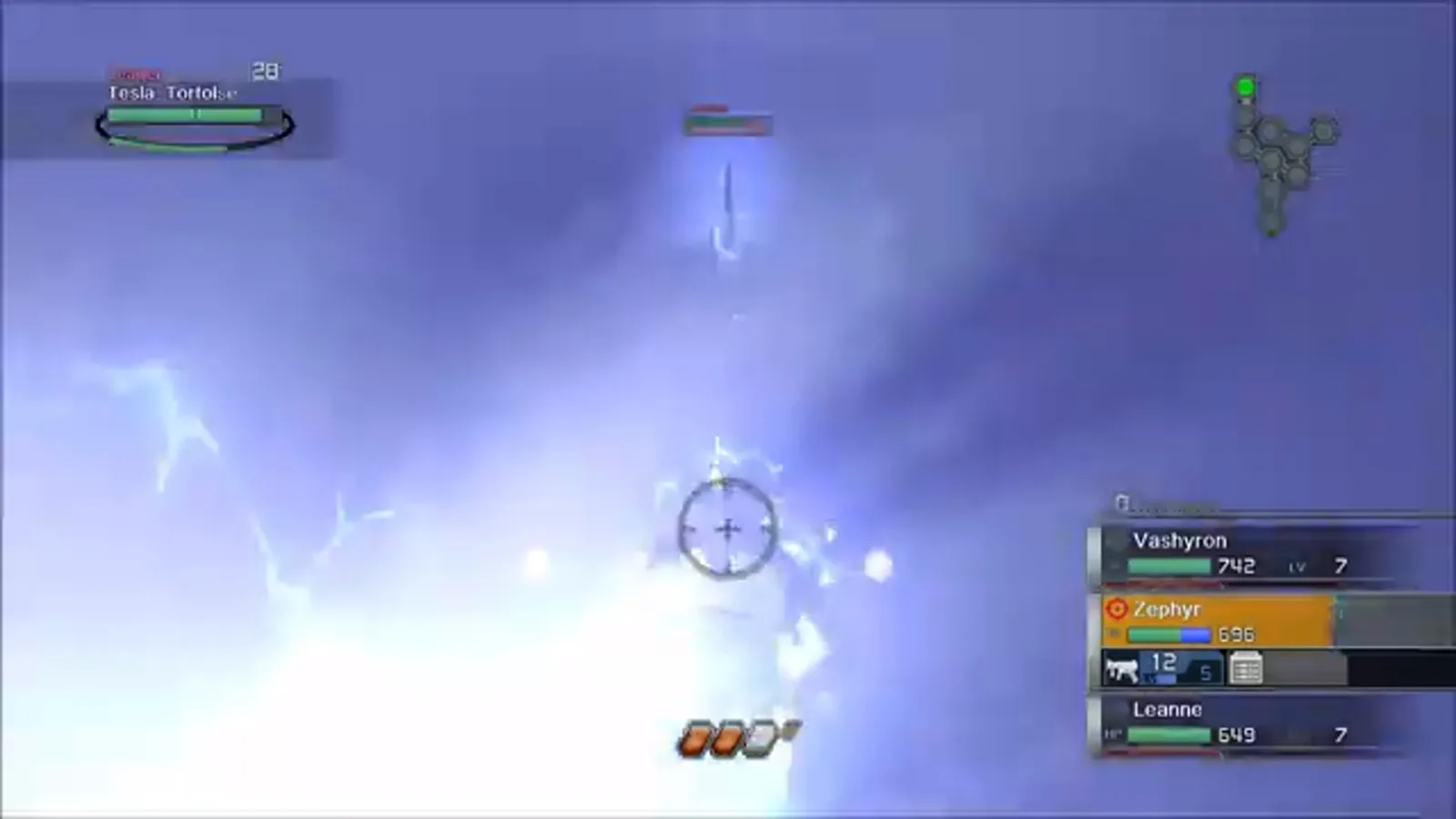 Zephyr performing a side Hero Run with blue shock aura near Tesla Tortoise and metal bunkers in Resonance of Fate Enhanced Remaster