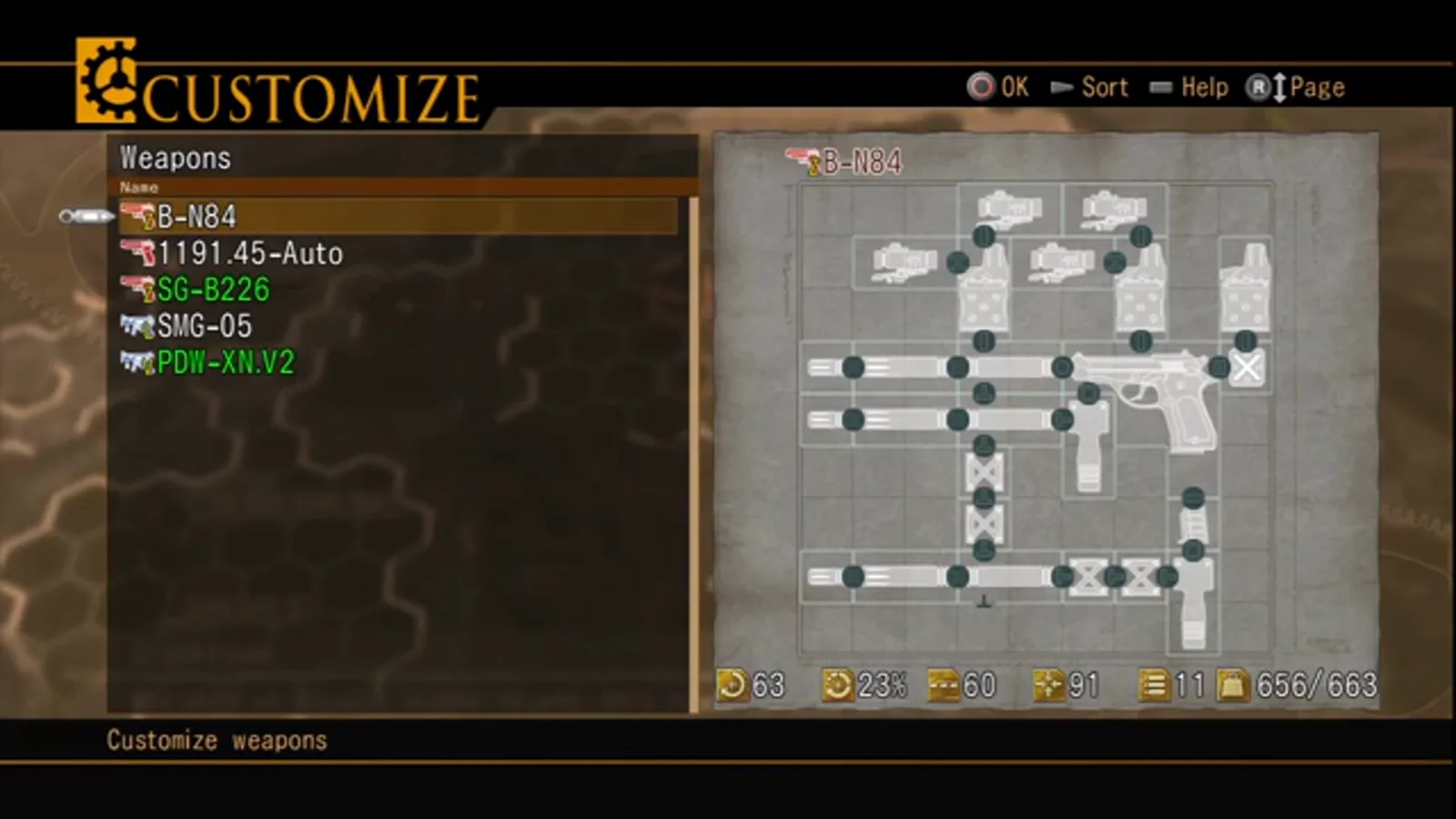 Weapon Customize menu listing B-N84 and other guns beside a grid-based gun mod layout in Resonance of Fate Enhanced Remaster