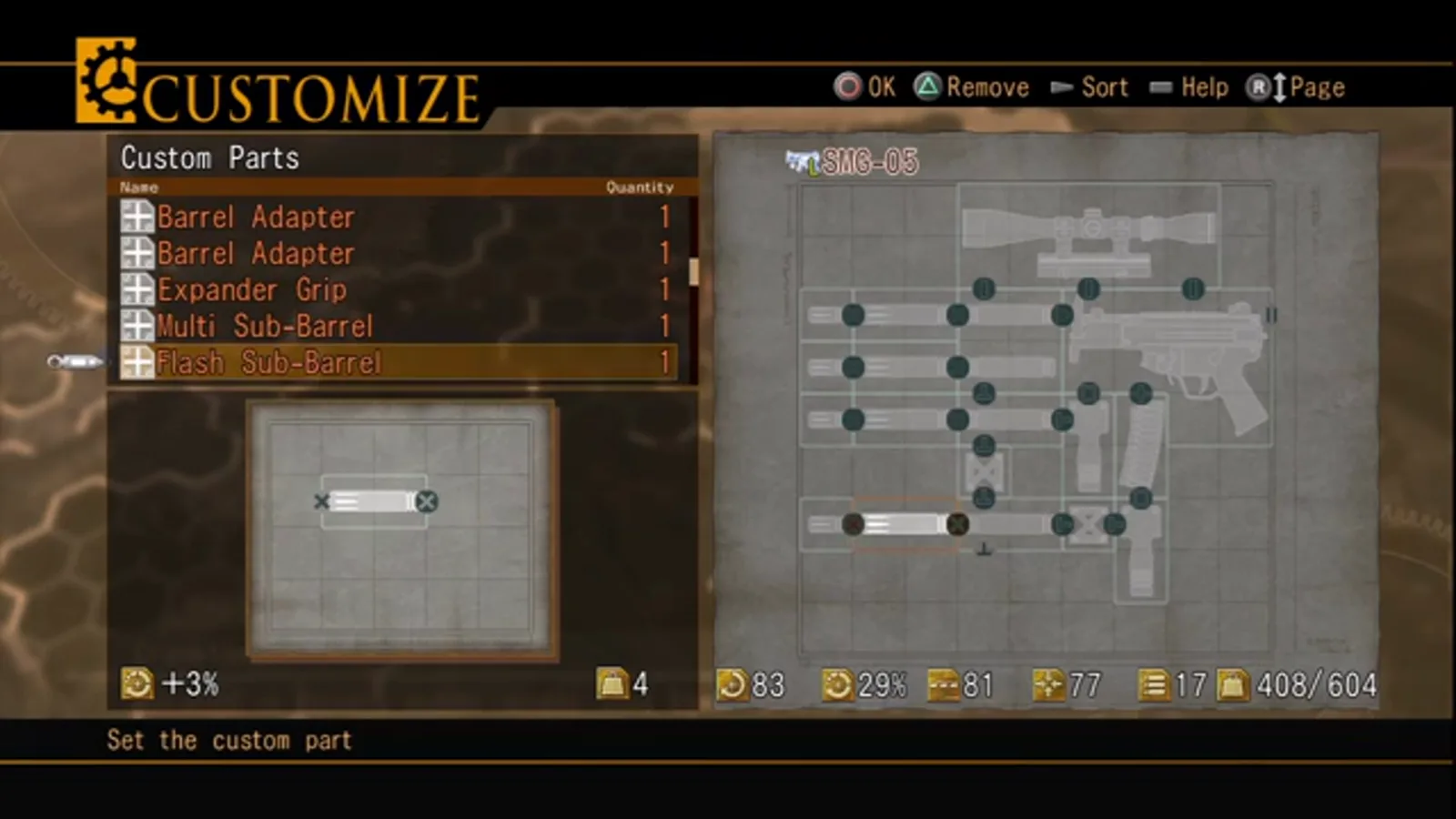 Expander grip and multi-part machine gun grid filling most of the customize tile in Resonance of Fate Enhanced Remaster