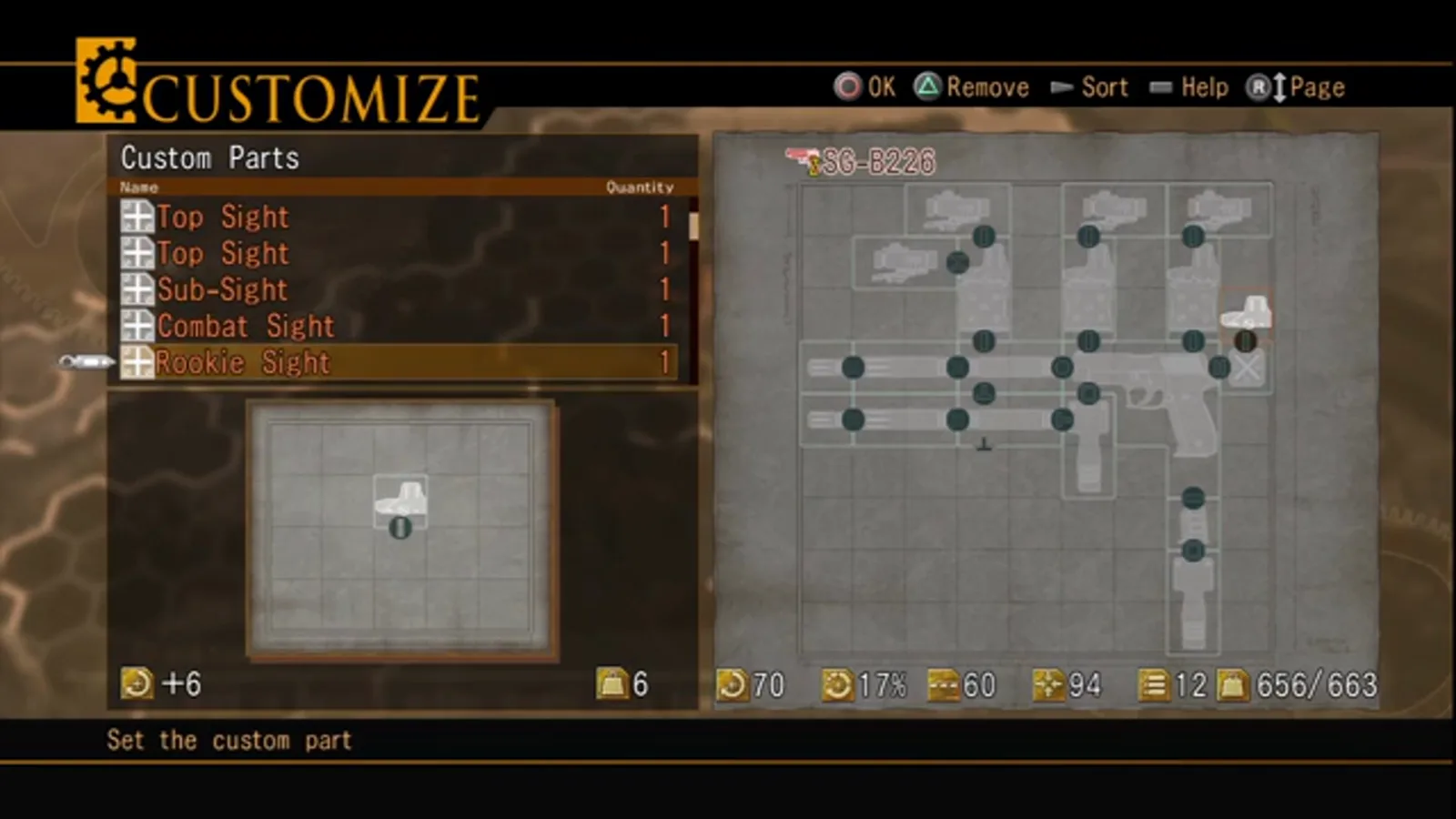 Stacked scopes on an SG-B226 handgun build in the Resonance of Fate Customize screen