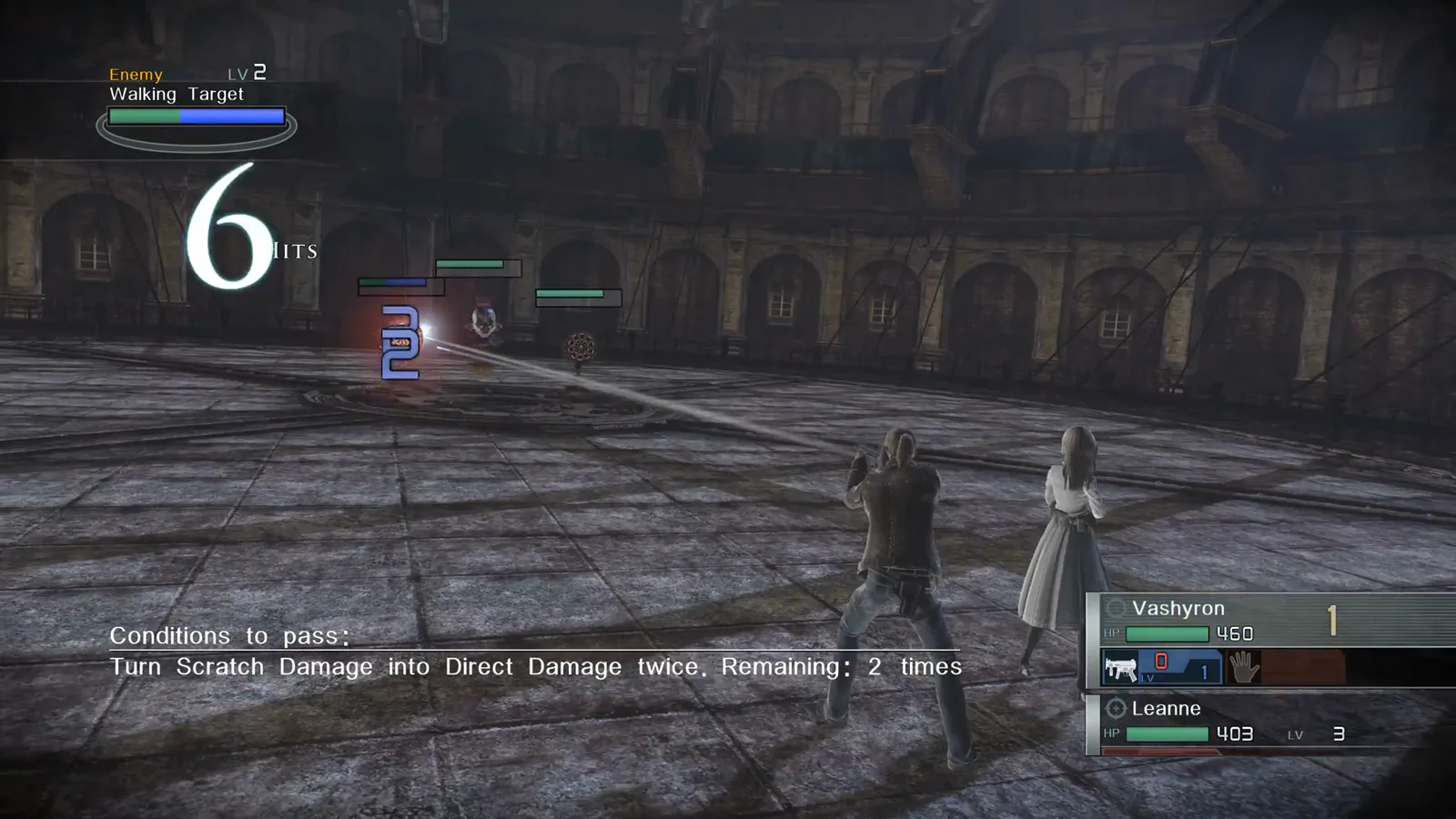 In-game tutorial comparing scratch damage from machine guns and direct damage from handguns in Resonance of Fate Enhanced Remaster